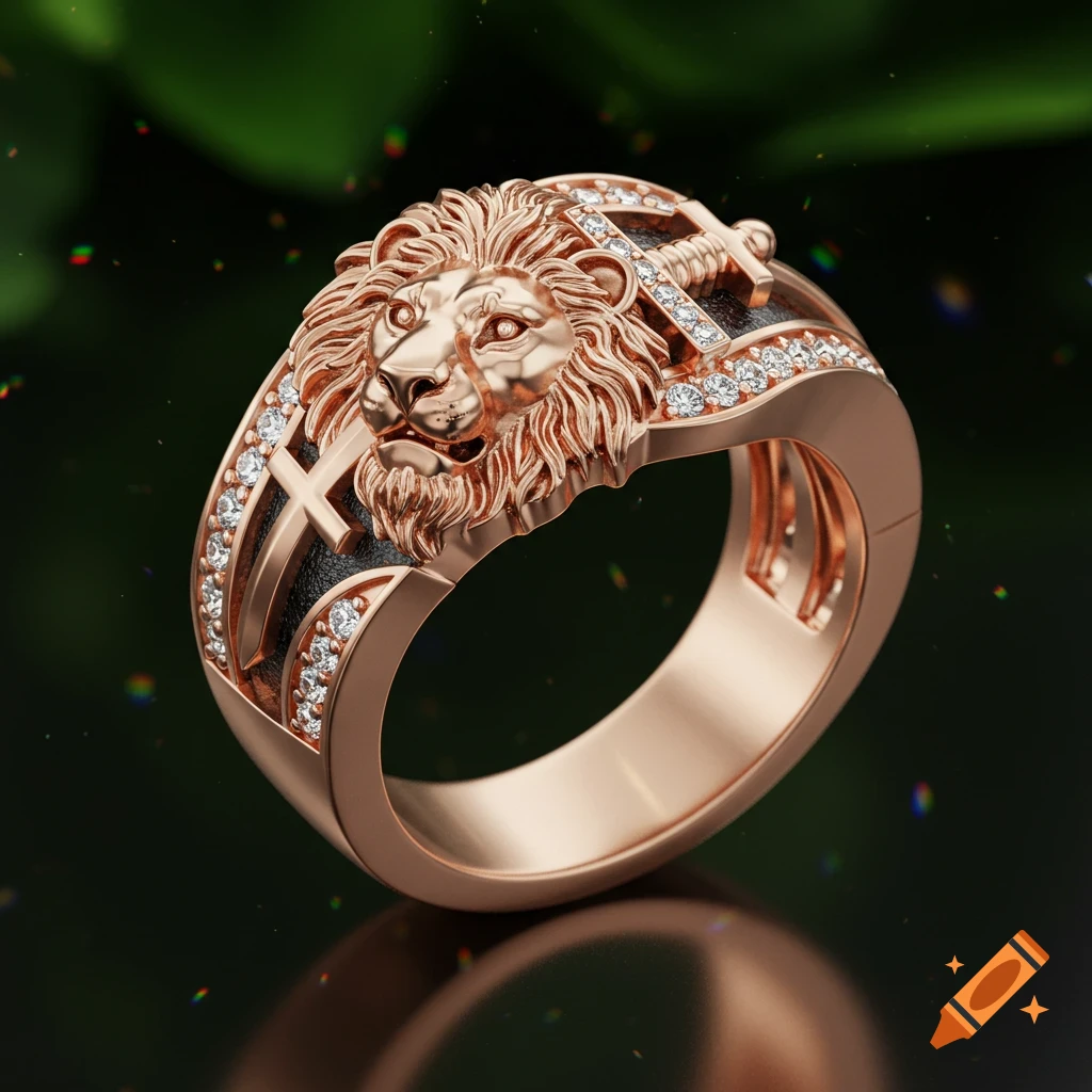 Close-up of a detailed rose gold ring featuring a lion head, a cross, a sword, and sparkling diamonds.