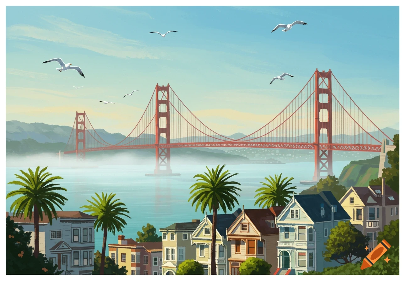 Stylized illustration of the Golden Gate Bridge over a misty bay, with colorful Victorian houses and palm trees in the foreground.
