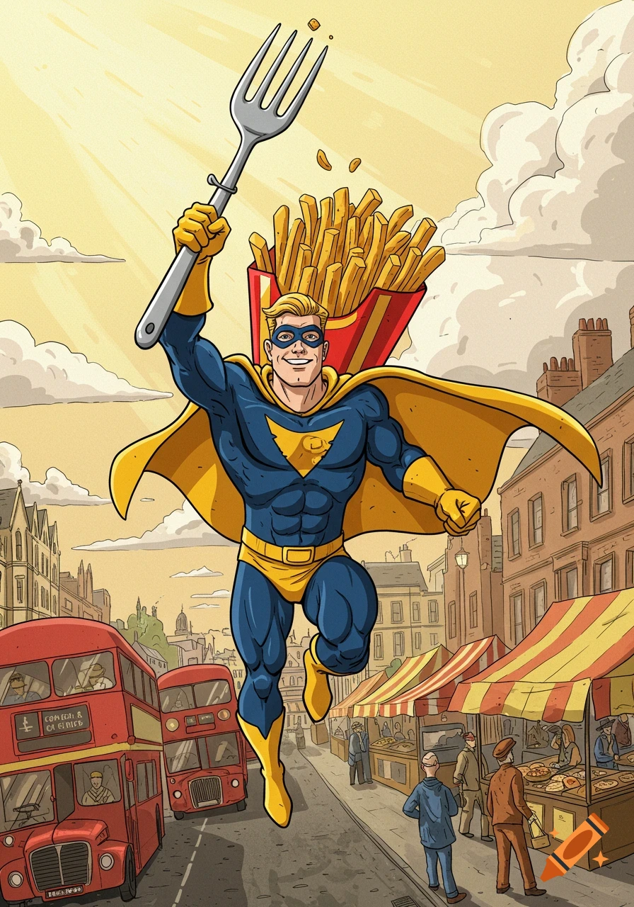 Cartoon superhero in blue and yellow flying over a city street, holding a giant fork and carrying a large box of fries. Double-decker buses and market stalls below.
