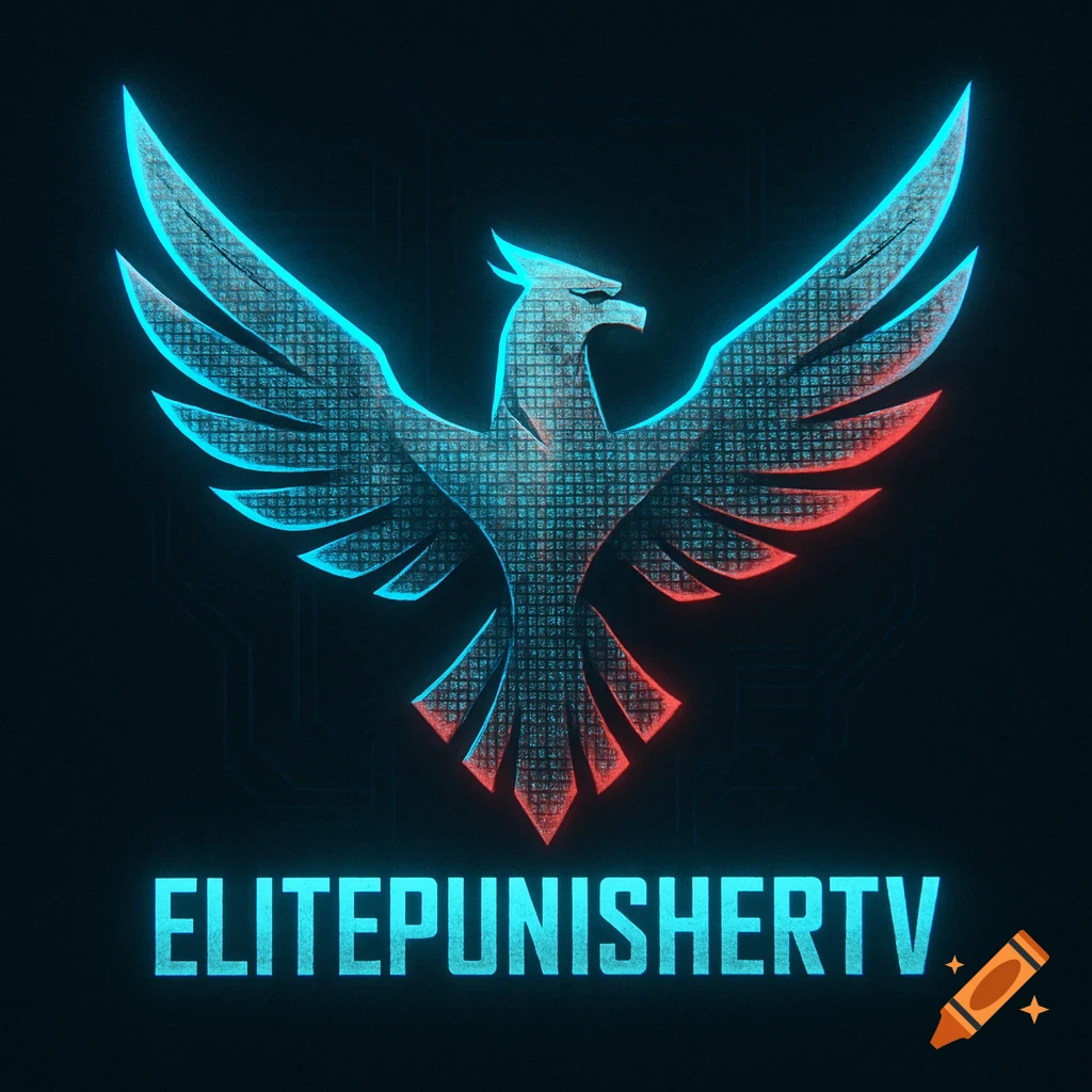 A digital phoenix logo with spread wings glowing neon blue and red, above the text 'ELITEPUNISHERTV' on a dark background.