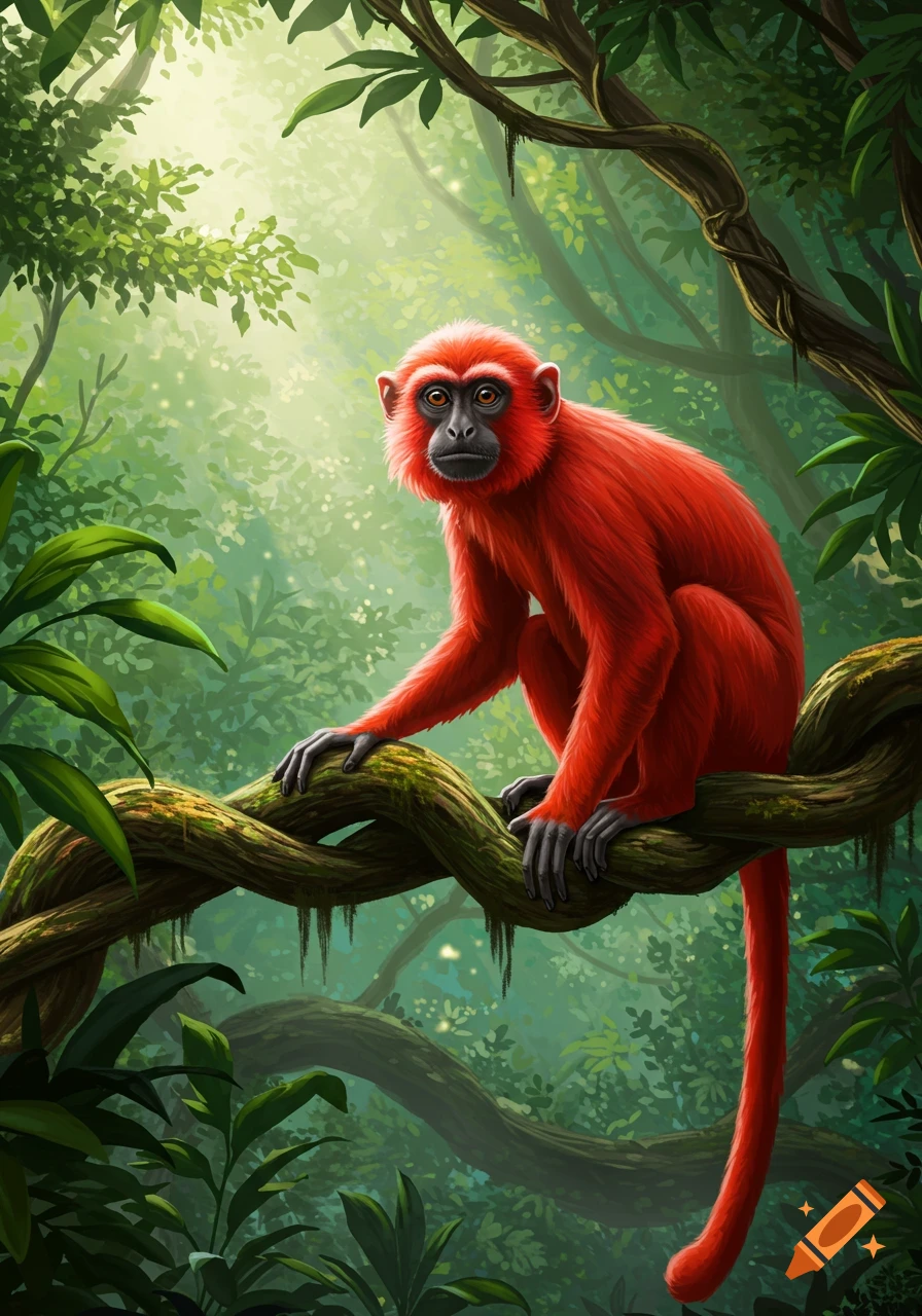 A bright red monkey with black hands and face sits on a thick, mossy vine in a sunlit green jungle, looking forward.