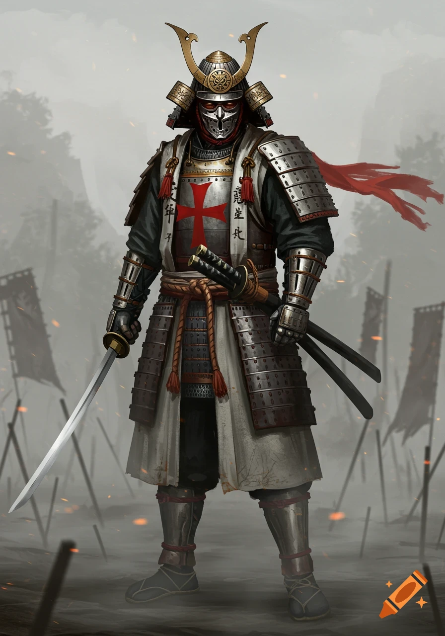 A warrior in samurai armor with a red Templar cross on their chest stands with a katana in a misty, battlefield setting.