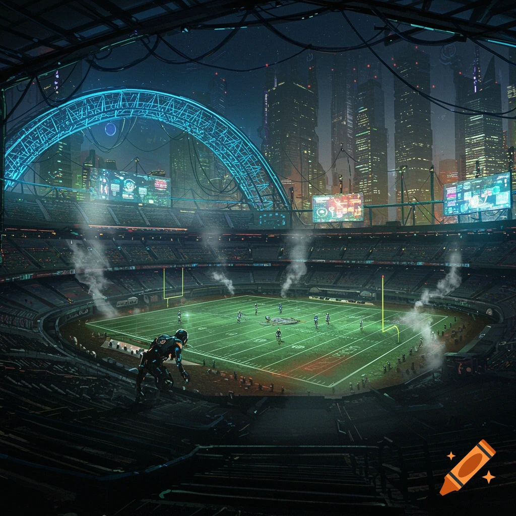 A futuristic cyberpunk football stadium at night, with towering neon-lit skyscrapers and a glowing blue arch. Players are on the field.