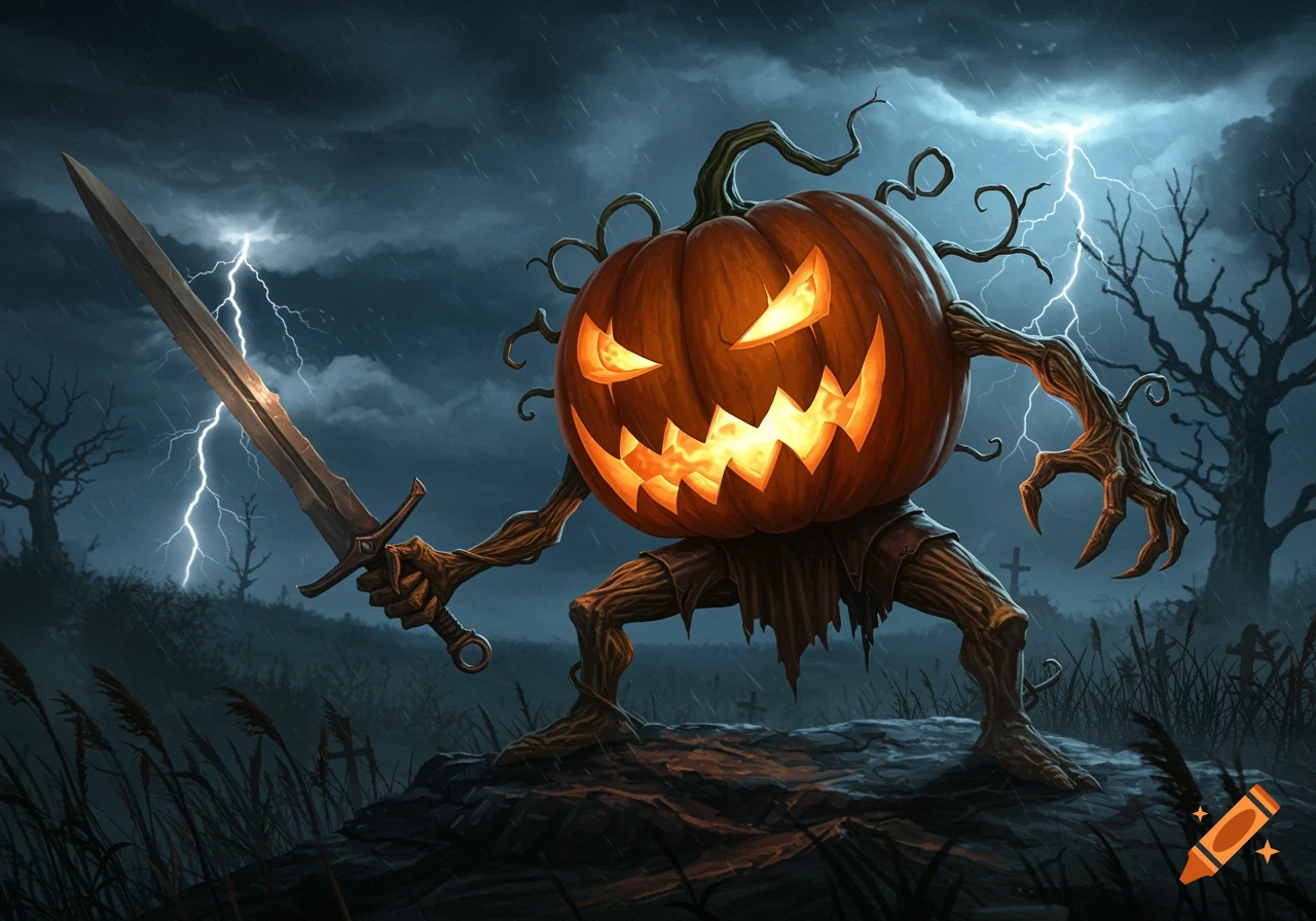 A monstrous jack-o'-lantern with root-like limbs stands holding a sword on a stormy night with lightning.
