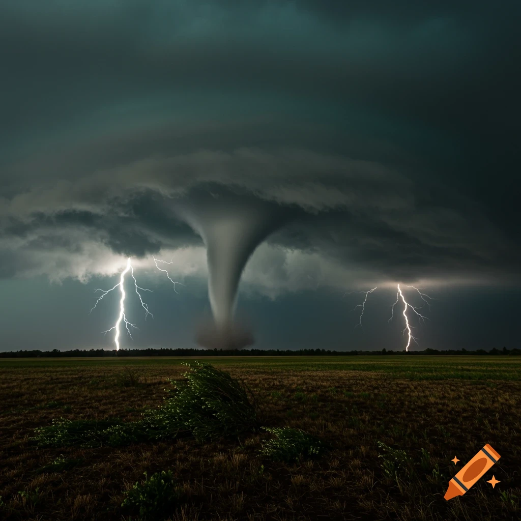 A photorealistic image of a large tornado and lightning strikes under dark storm clouds over a vast field.