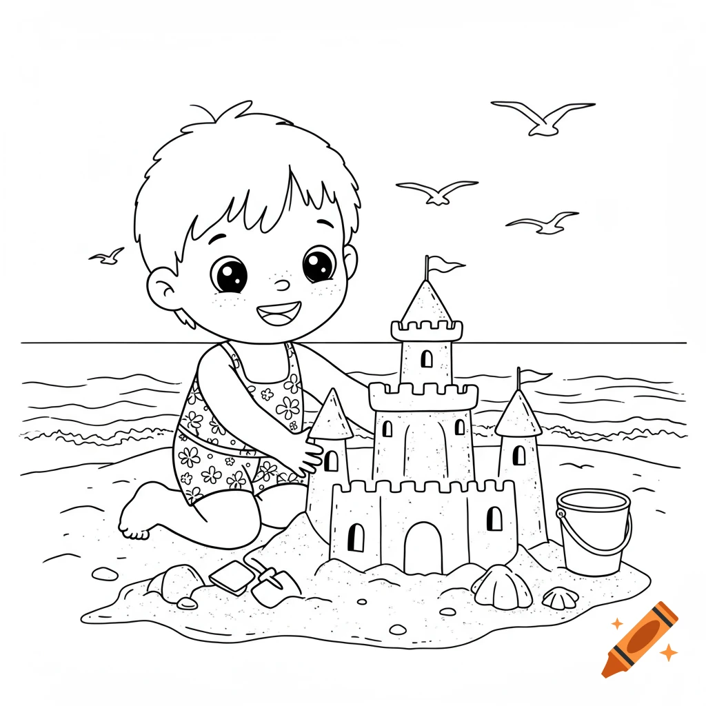 A coloring book style illustration of a happy child building a sandcastle on a beach with birds flying.