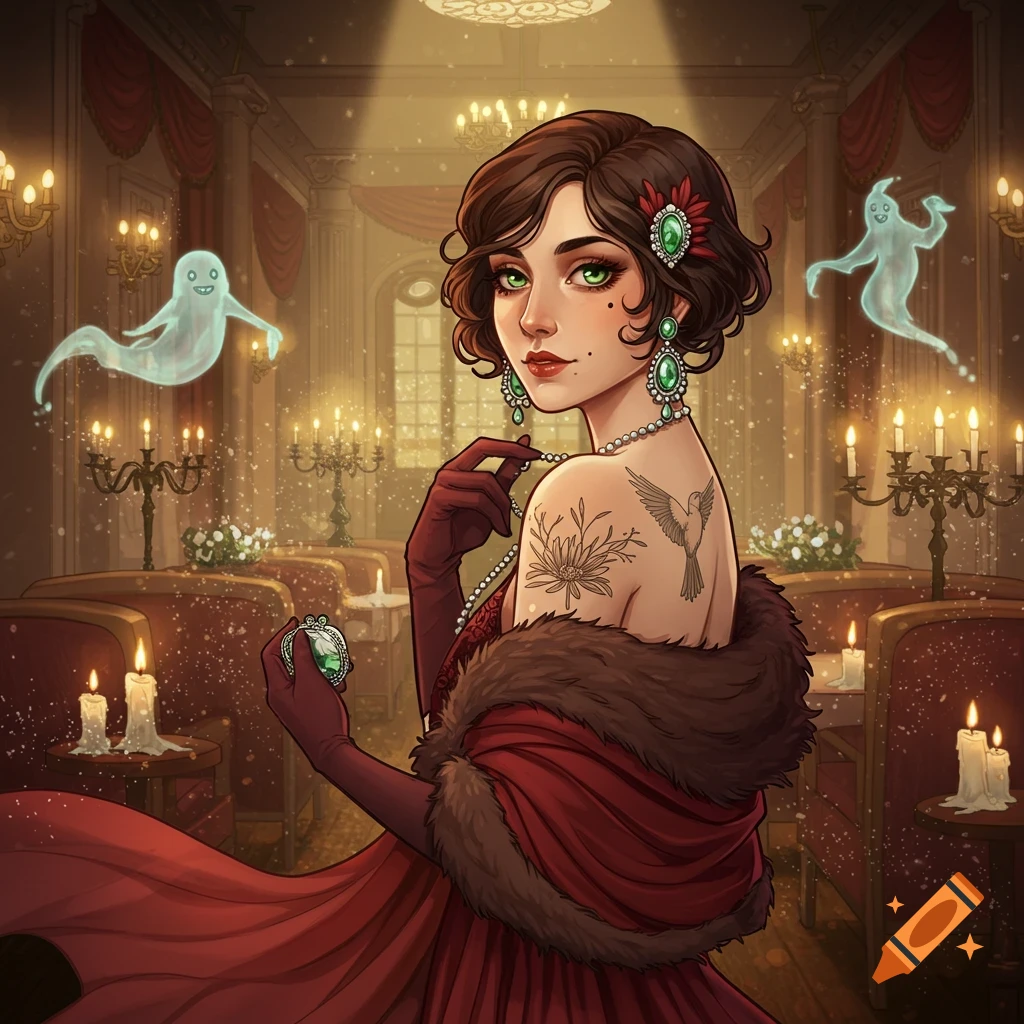 An Art Nouveau illustration of a 1920s flapper in a crimson dress with a fur shawl, standing in a candlelit ballroom with floating ghosts.