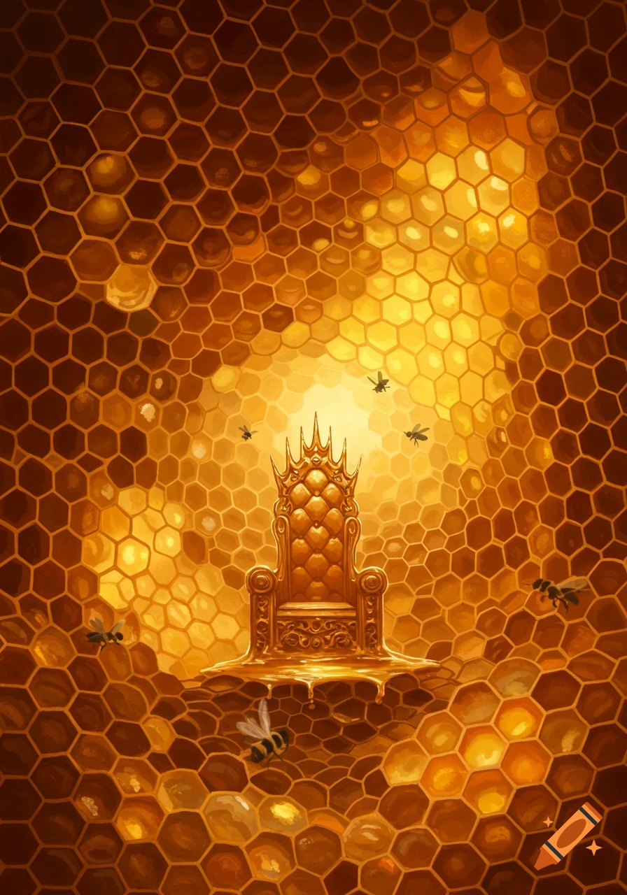 A golden throne melting with honey inside a glowing honeycomb structure with bees flying around.