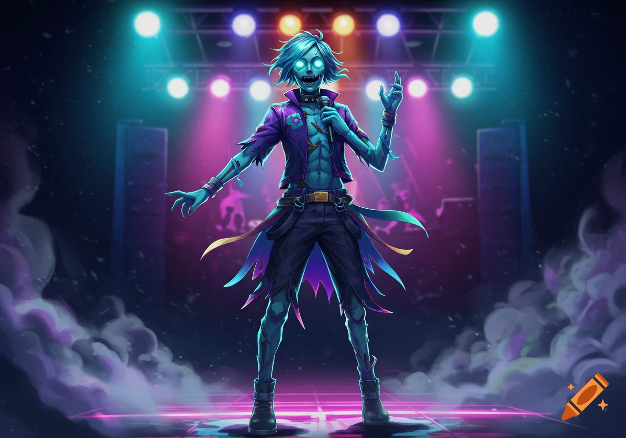 A stylized anime-style zombie rockstar with teal skin and glowing eyes sings into a microphone on a concert stage illuminated by bright lights.