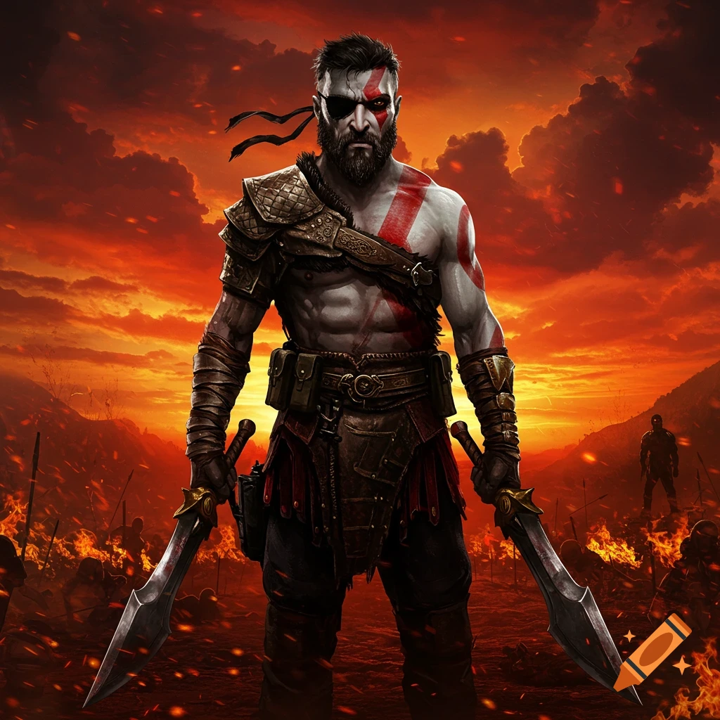 Muscular, bearded warrior with an eyepatch and red body paint, holding two swords on a fiery battlefield at sunset.