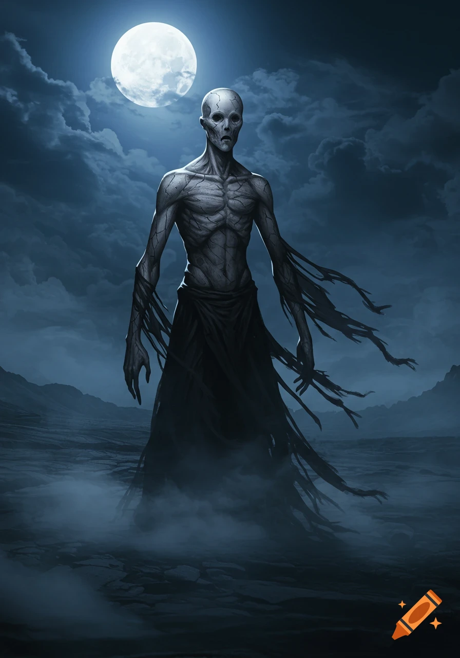 A gaunt, pale, humanoid creature with cracked skin and no mouth stands in a misty, desolate landscape under a full moon.