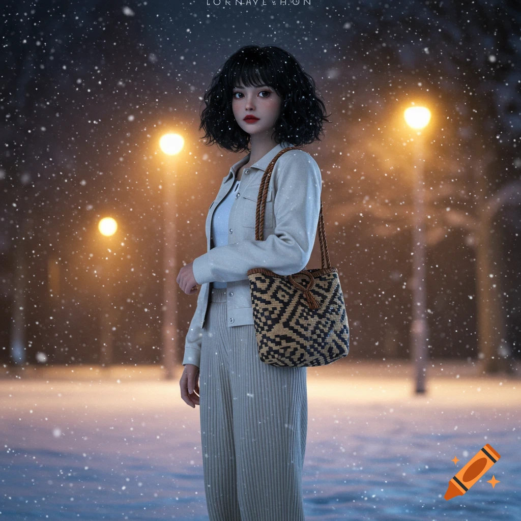 A photorealistic portrait of a girl with short curly hair and red lipstick, wearing a white jacket and pleated pants, holding a woven bag, standing in a snowy park at night with streetlights glowing.