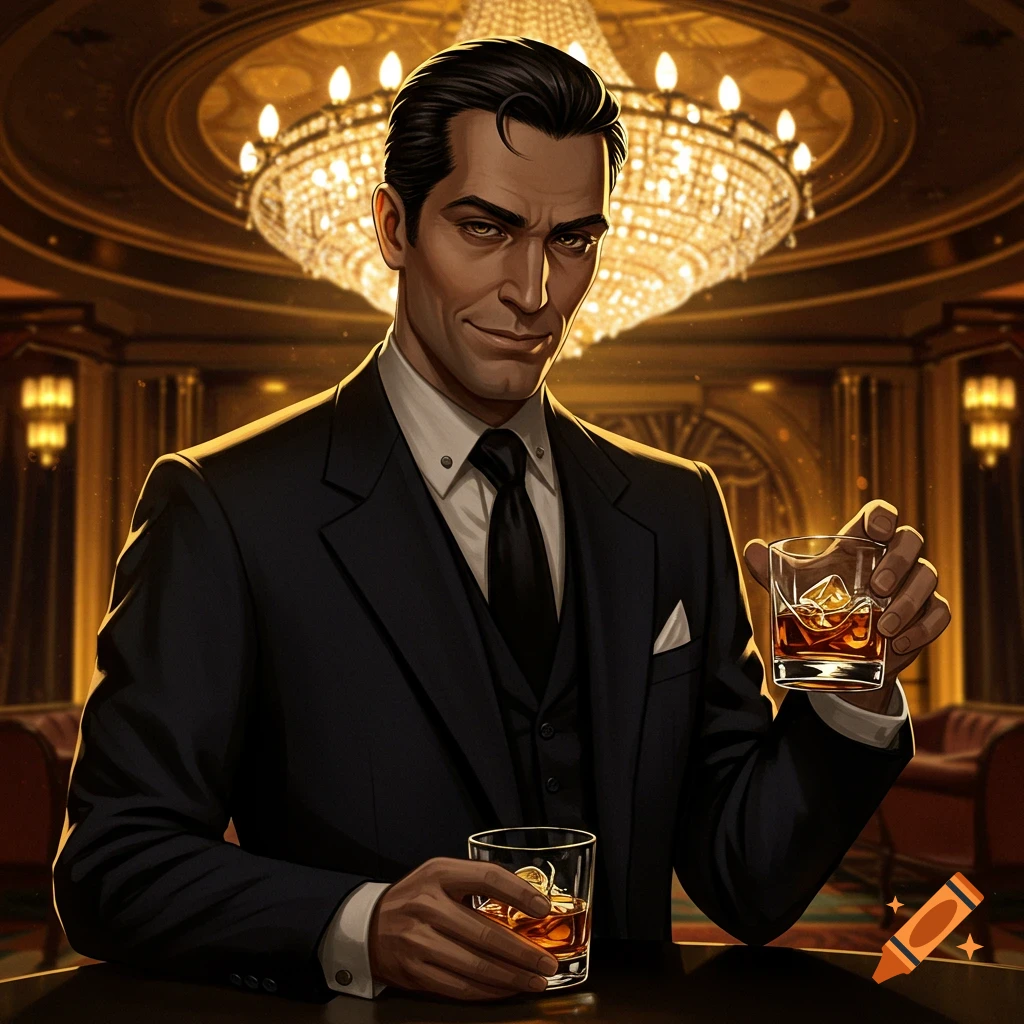 A suave man in a black suit with slicked-back hair stands in a luxurious bar, holding two glasses of whiskey under a chandelier.