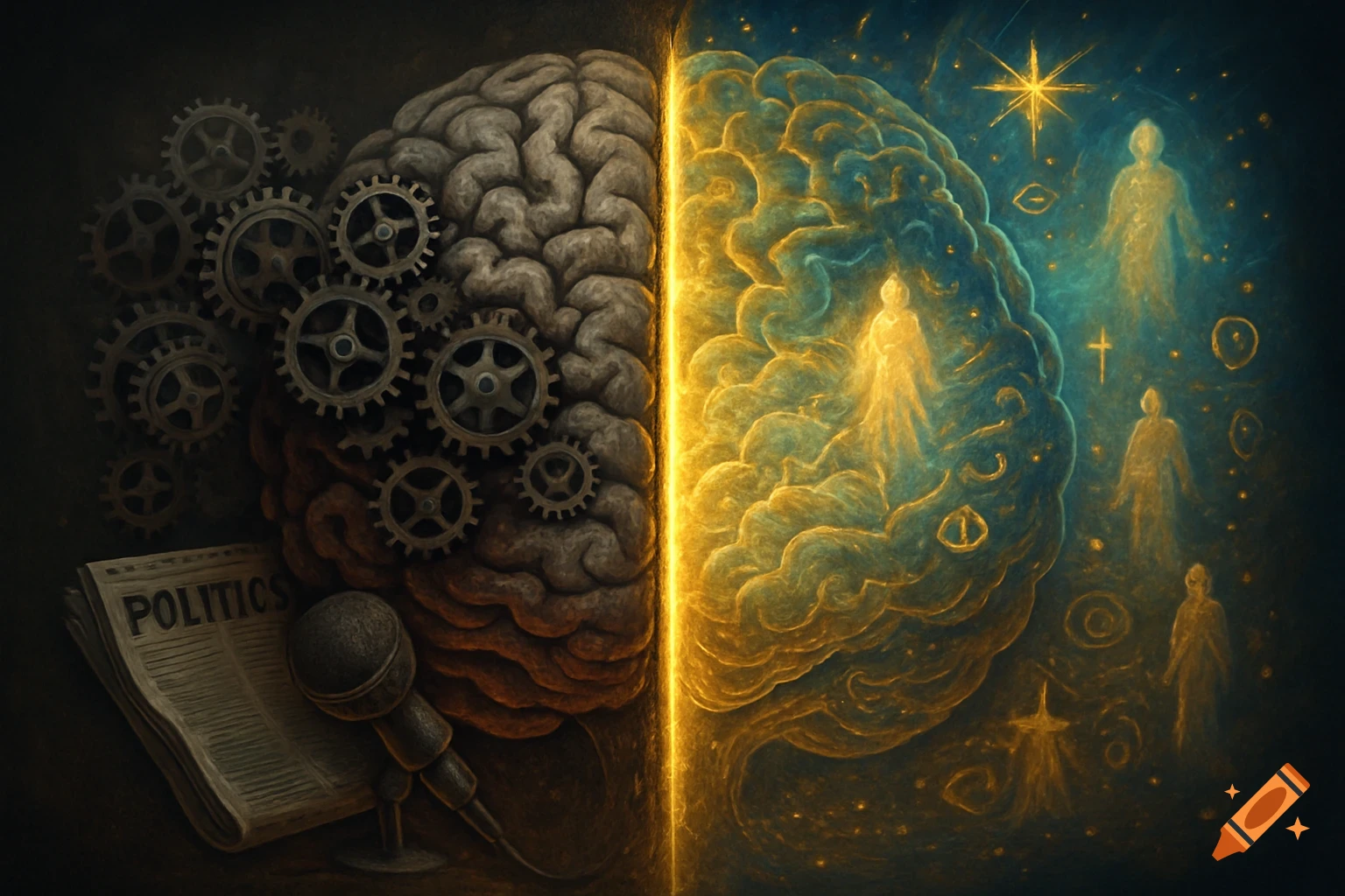 A brain split: the left side has gears, a 'POLITICS' newspaper, and a microphone; the right side glows with ethereal figures.