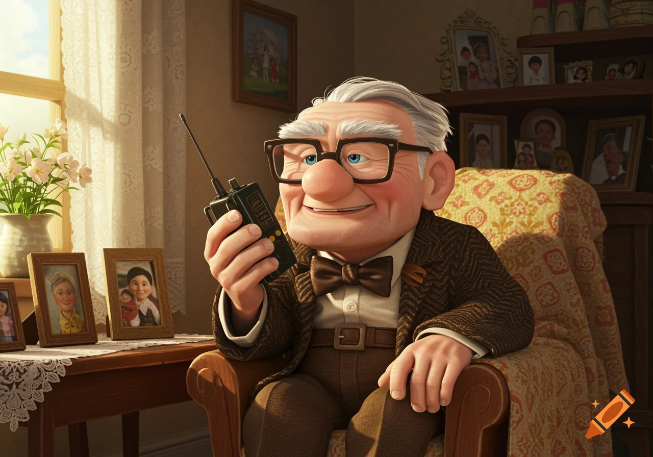A smiling animated elderly man with glasses, resembling Carl from "Up," sits in an armchair holding a walkie-talkie.