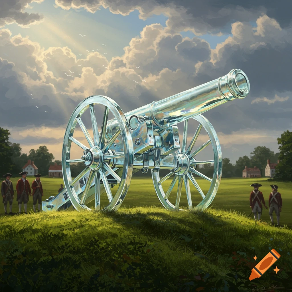 A shimmering glass American Revolutionary War cannon on a grassy hill, with soldiers and houses in the background under a cloudy sky.