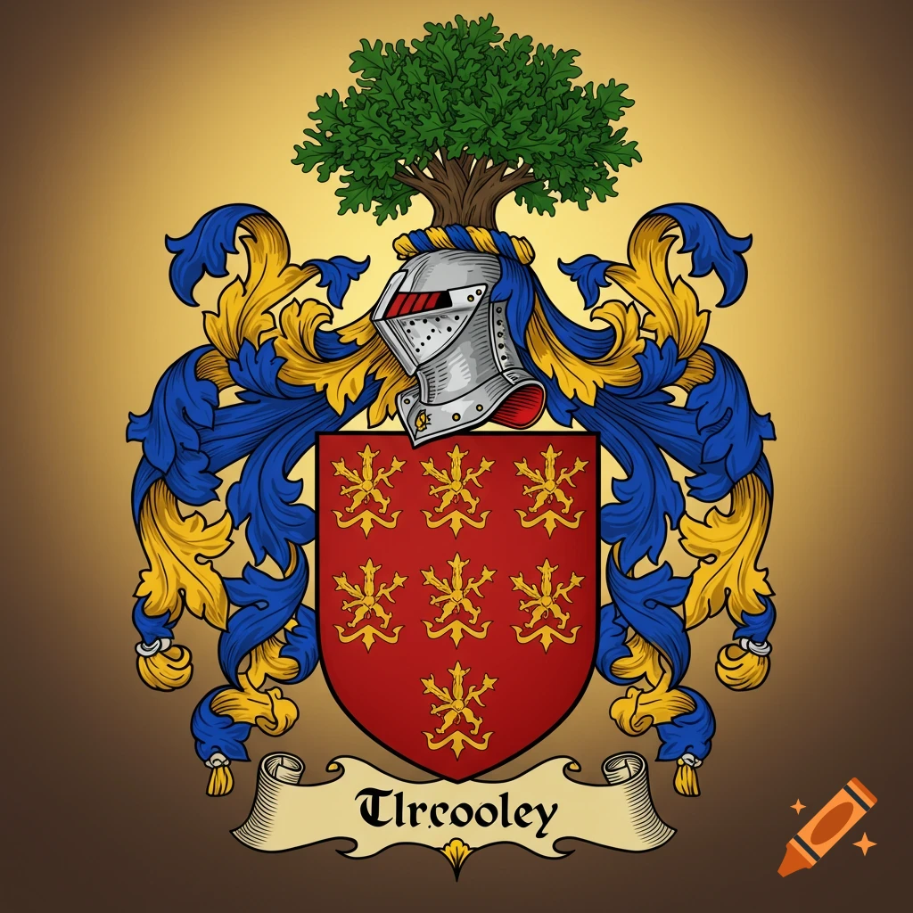 A colorful coat of arms featuring a red shield with golden symbols, a knight's helmet, an oak tree, and a banner reading 'Tlrocoley'.
