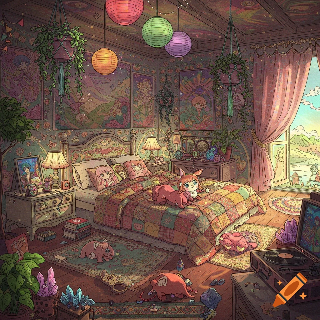 Colorful anime-style boho bedroom with patterned walls, hanging plants, lantern lights, and stuffed animal characters on a bed.