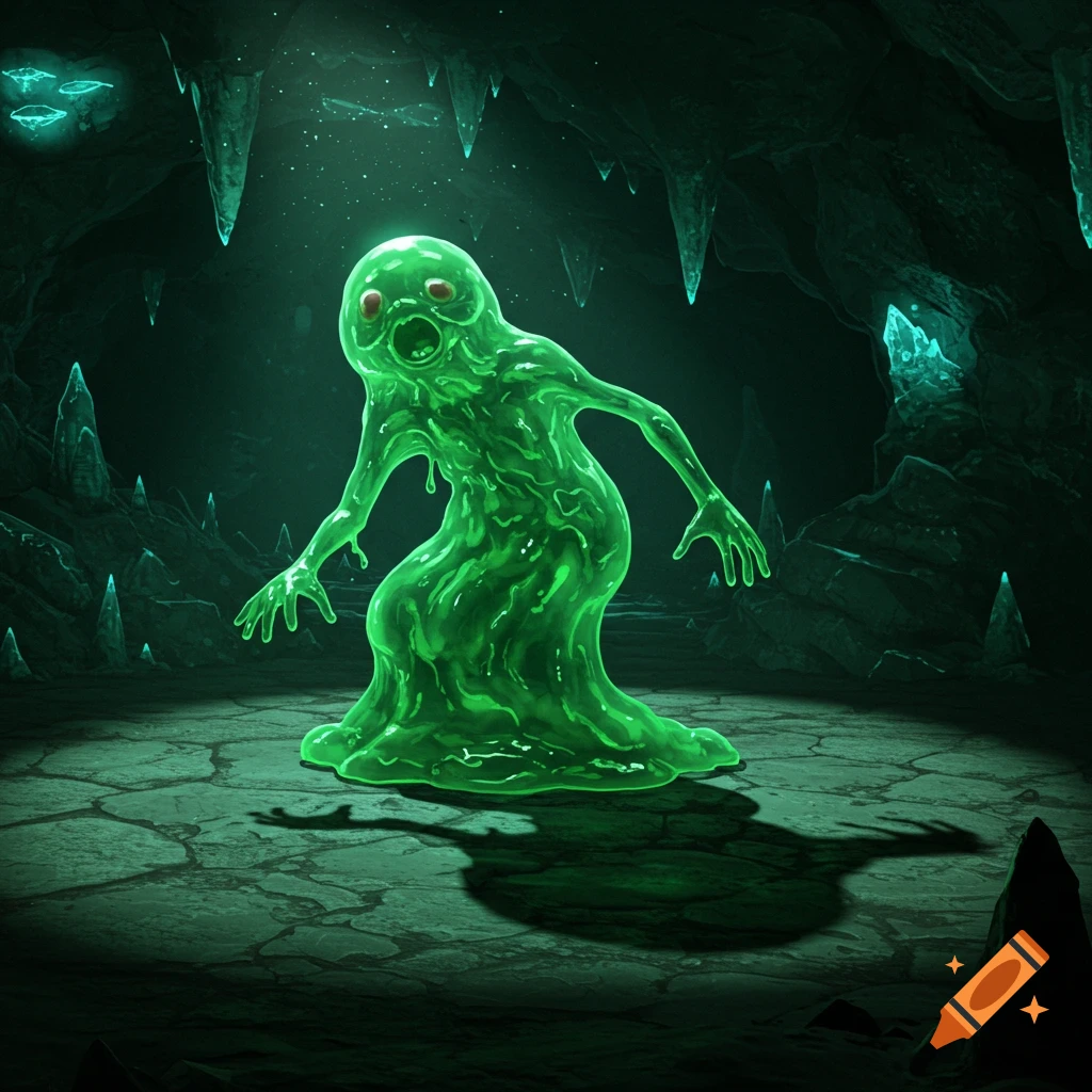A glowing green slime creature with red eyes stands in a dark cave with blue crystal formations.