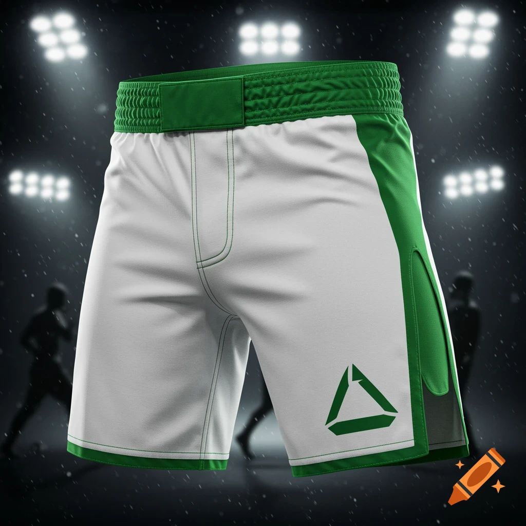 A pair of white and green MMA fighting shorts with a triangular logo, displayed against a dark background with blurred stadium lights and silhouetted figures.