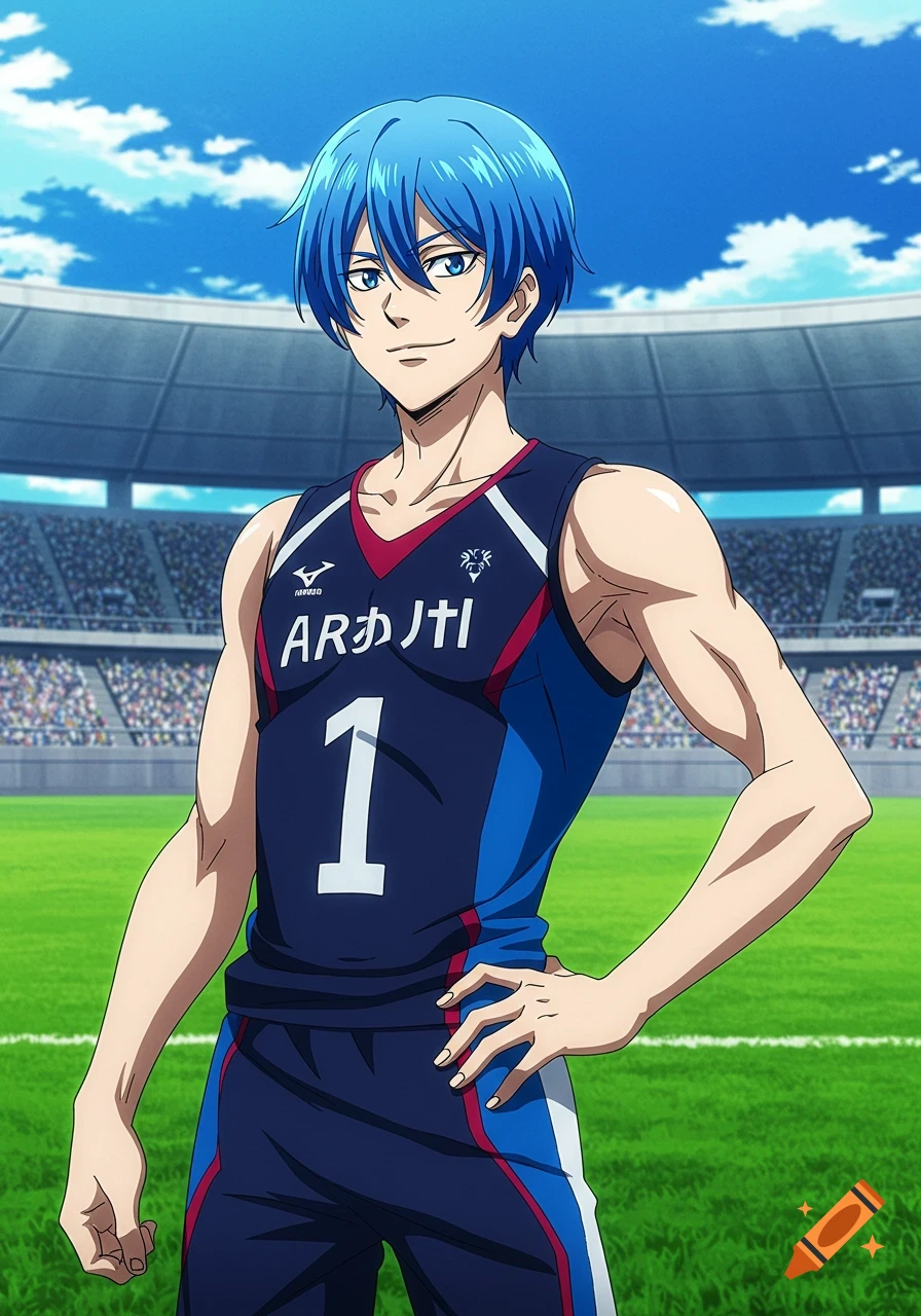 Anime illustration of a young man with blue hair in a sports jersey, standing on a field in a stadium.