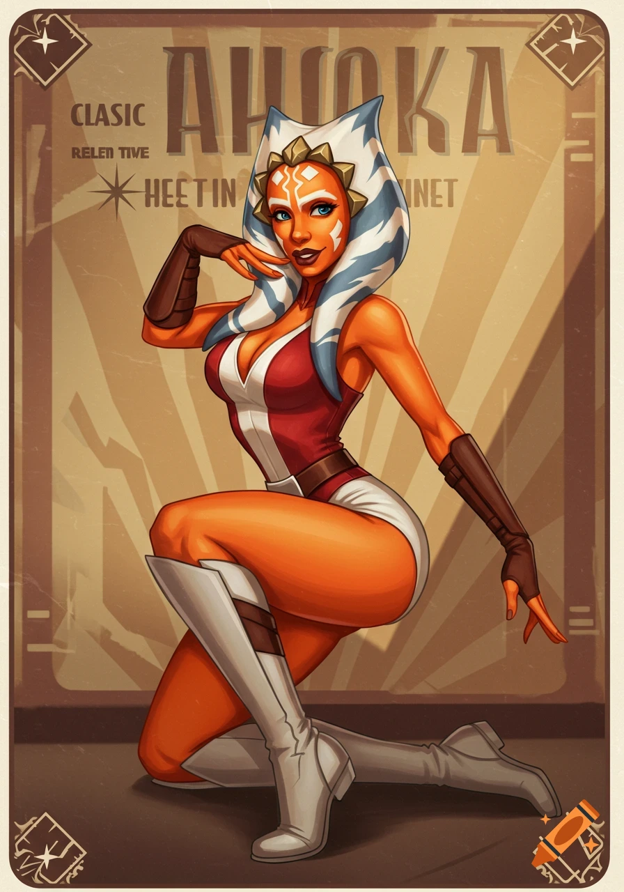 Vintage pin-up poster of Ahsoka Tano in a red and white outfit, kneeling and posing. The background features stylized text.