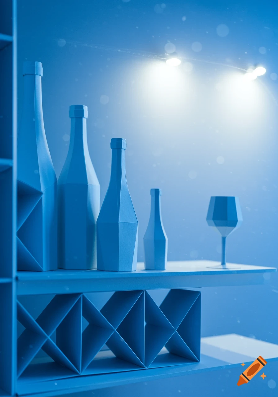 A blue and white minimalist still life features geometric bottles and a wine glass on a shelf, with a light source above.