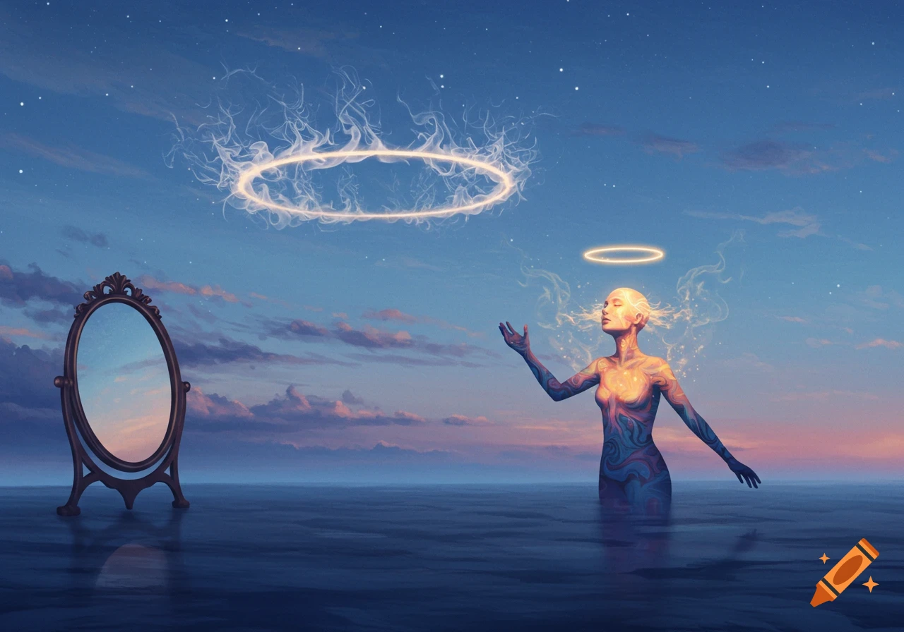 A stylized woman emerges from water, eyes closed, with a glowing halo and emanations, beside an ornate mirror reflecting a twilight sky.