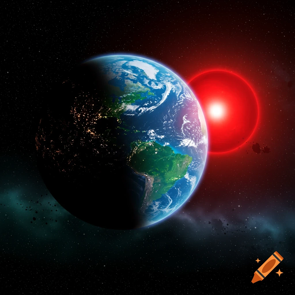 A blue and green planet with city lights on its night side, illuminated by a bright red star in space.