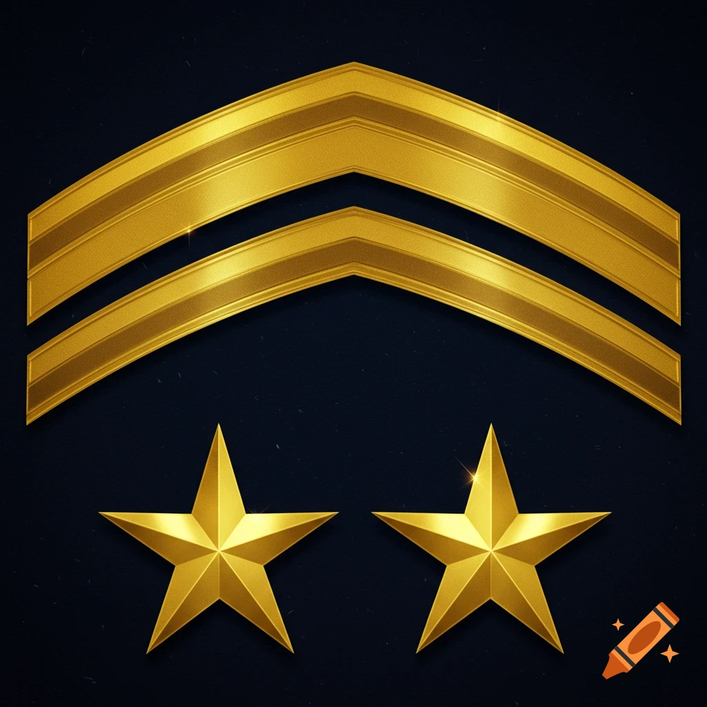 Two golden sergeant stripes above two golden stars on a dark blue background.