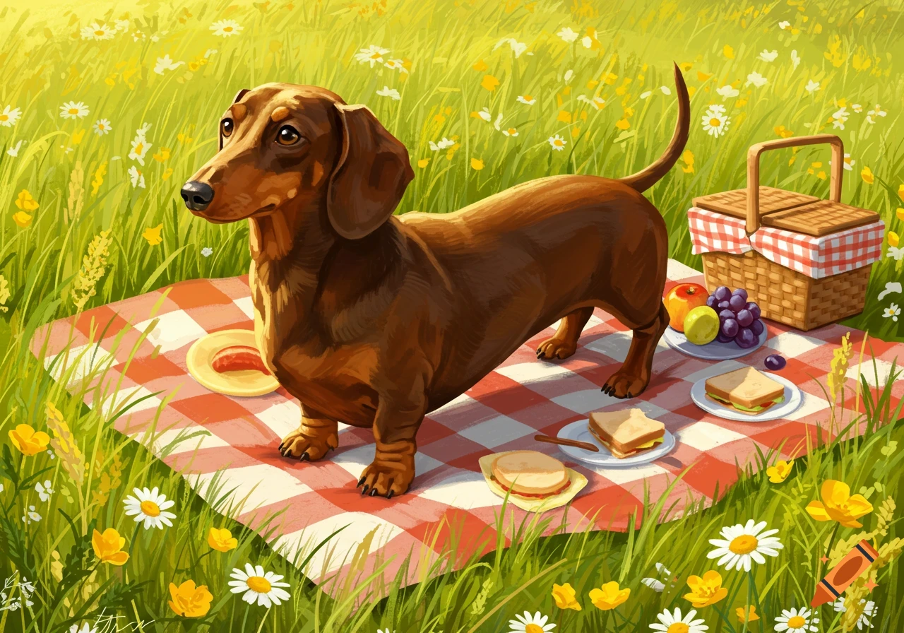 A brown dachshund stands on a picnic blanket with food and a basket in a sunny, flower-filled field, in a painterly style.