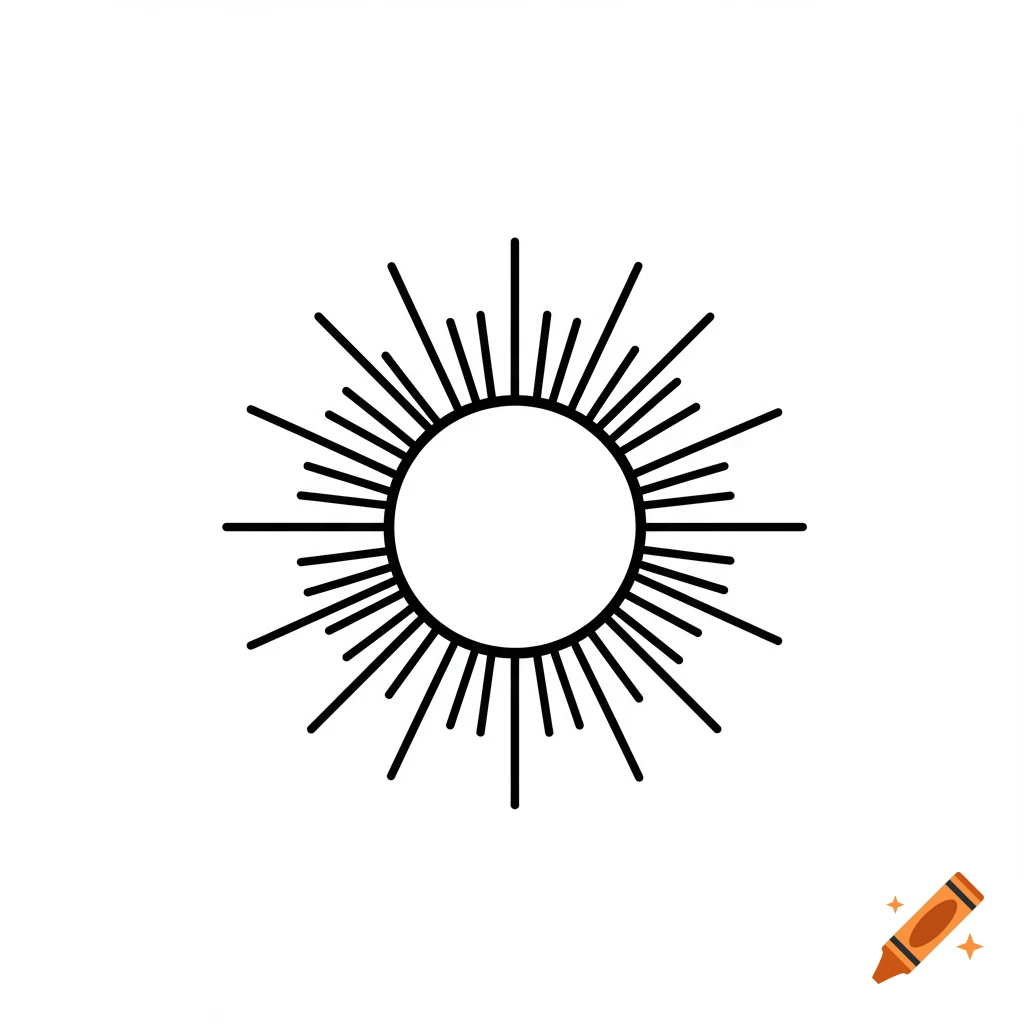 Minimalist black and white line art illustration of the sun with radiating rays.