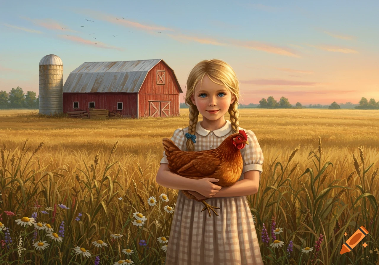 A blonde girl with braids holds a chicken in a golden wheat field with a red barn and silo under a sunset sky.