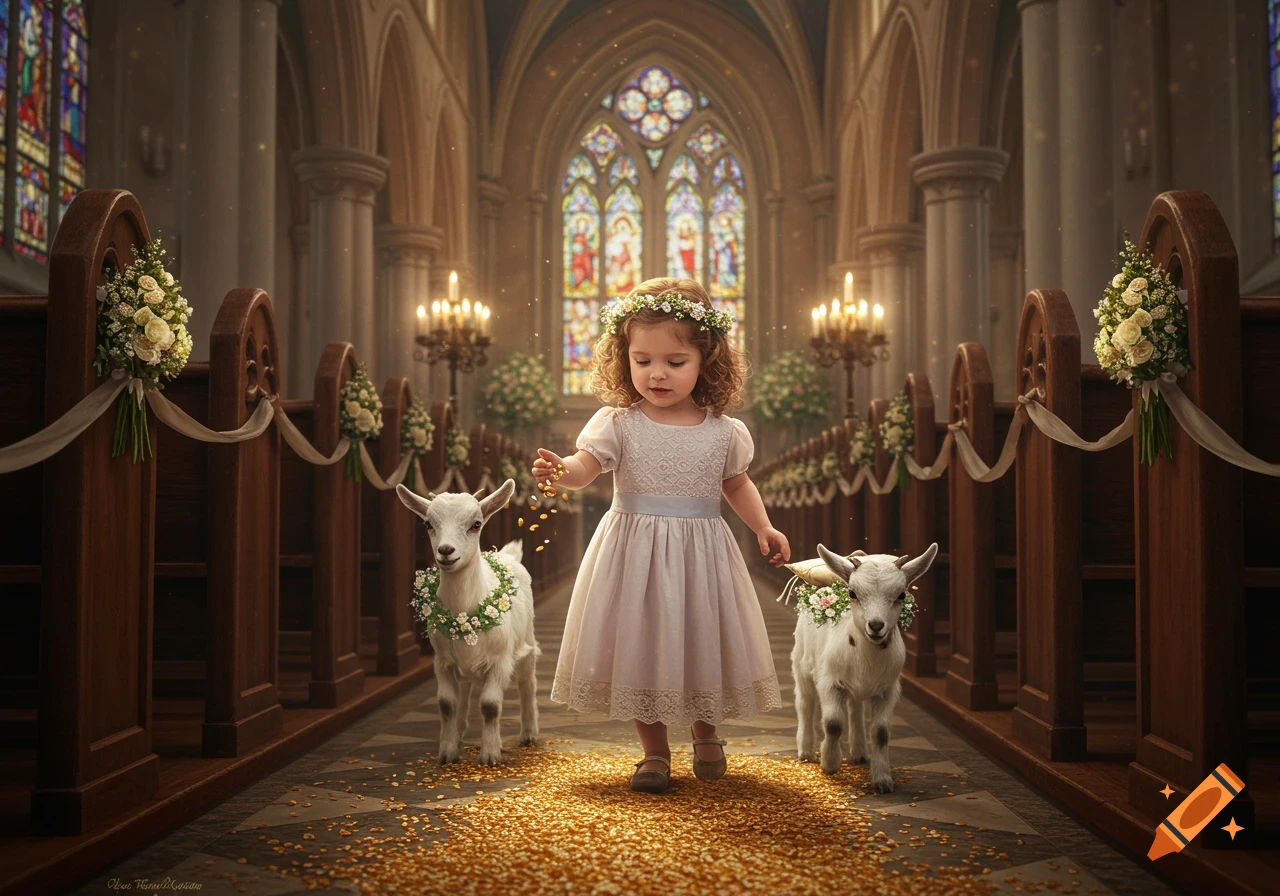 A young flower girl in a white dress drops golden corn kernels for two white goats with flower wreaths in a grand church aisle.