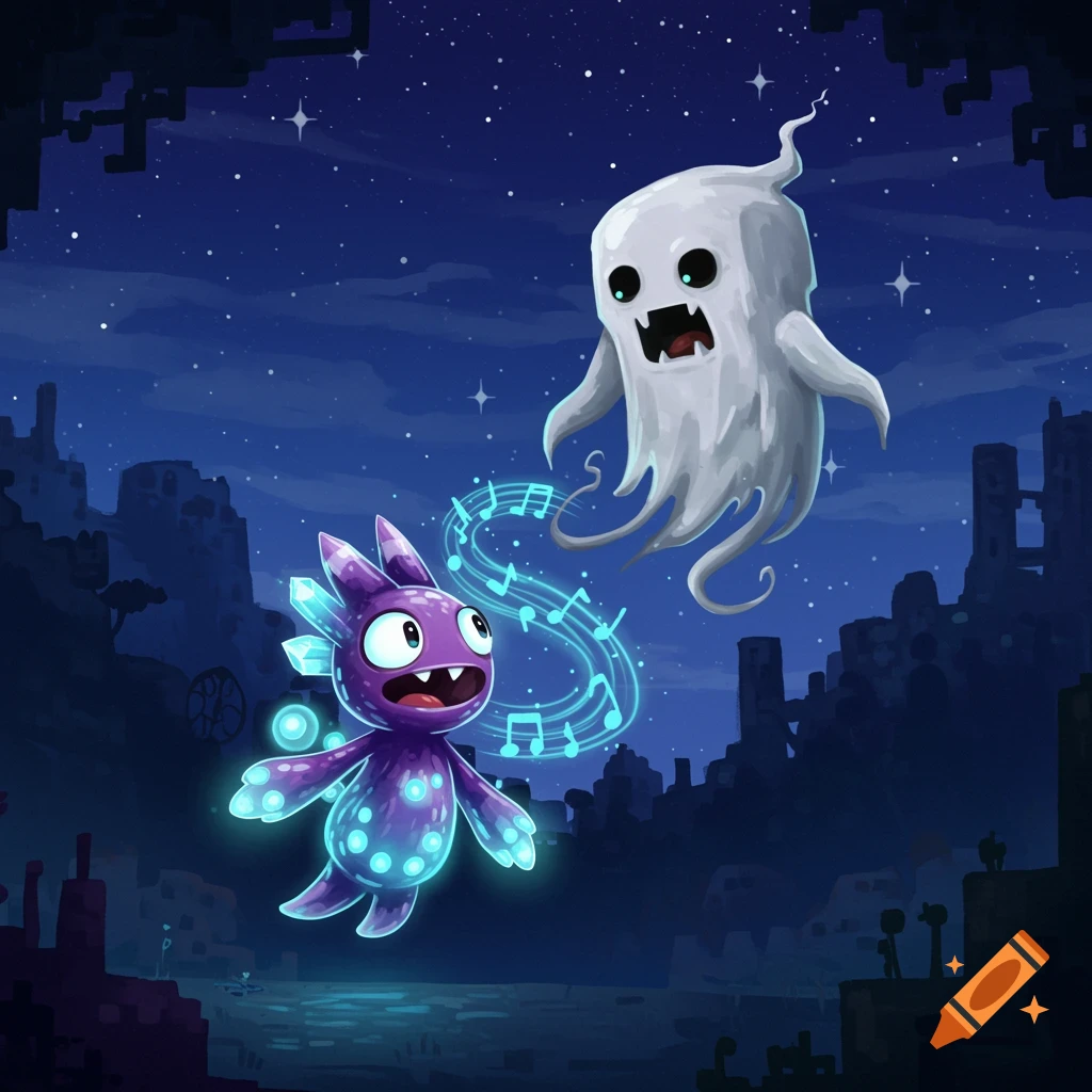 A purple creature with glowing spots and musical notes interacting with a surprised white ghost against a starry night sky.
