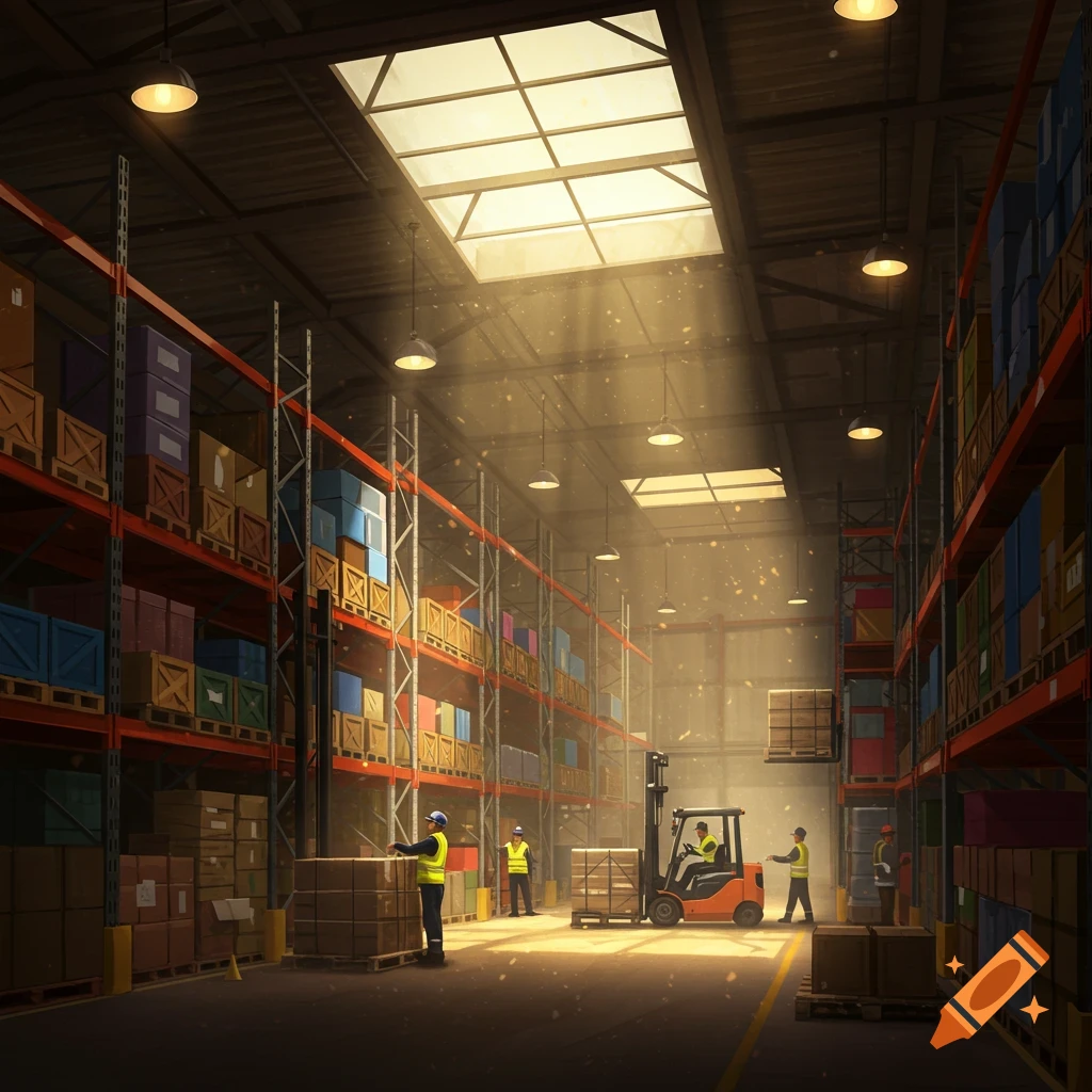 A large warehouse filled with shelves of boxes, workers in safety vests, and a forklift, illuminated by skylights and hanging lights.