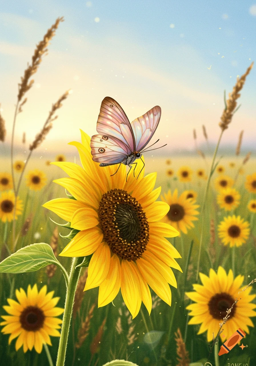 A light-colored butterfly with patterned wings rests on a vibrant yellow sunflower in a sunny field under a clear blue sky.