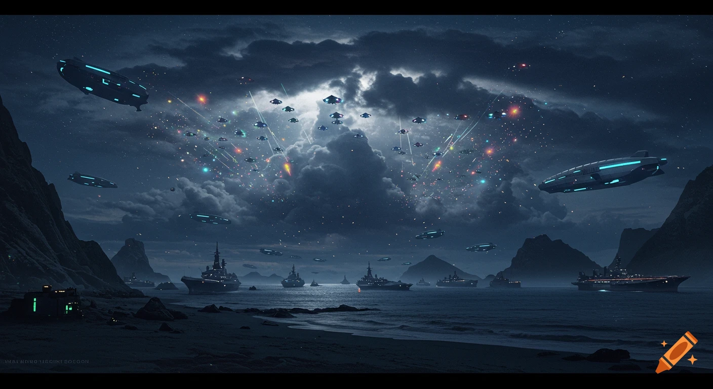 A cinematic night scene of a sci-fi battlefield with battleships and futuristic zeppelins in a bay, under a sky filled with descending drones and colorful lights.