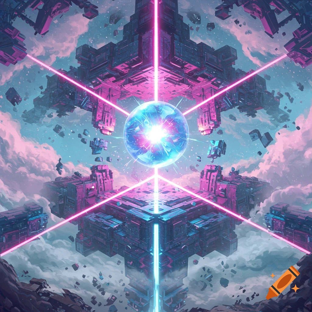 A glowing blue orb at the center of a complex futuristic structure, emitting pink and blue laser beams connecting to other floating structures in a cosmic sky with pink clouds and debris.