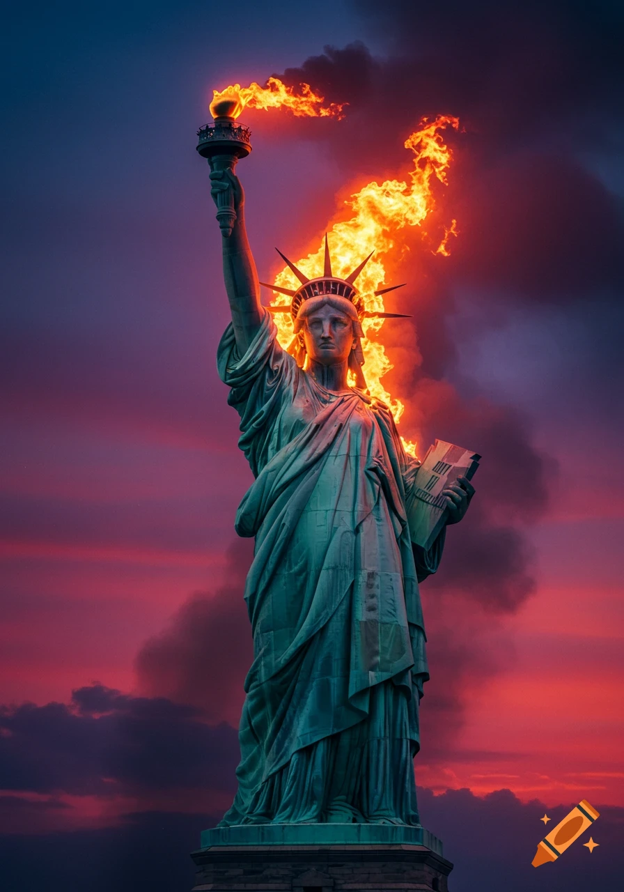 The Statue of Liberty is dramatically engulfed in flames from her torch, set against a vibrant, dark red and blue twilight sky.