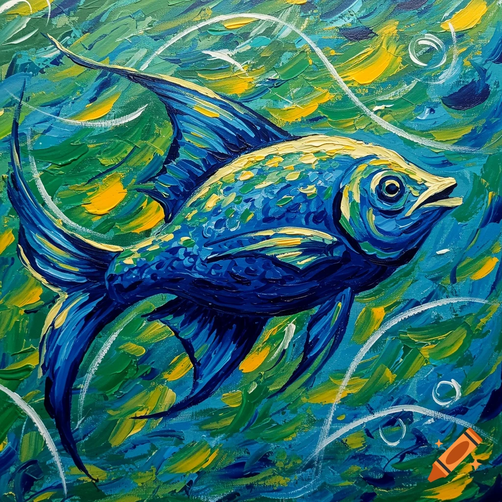 Vibrant expressionist painting of a blue and yellow stylized fish with bold fins, amidst textured green and blue brushstrokes.
