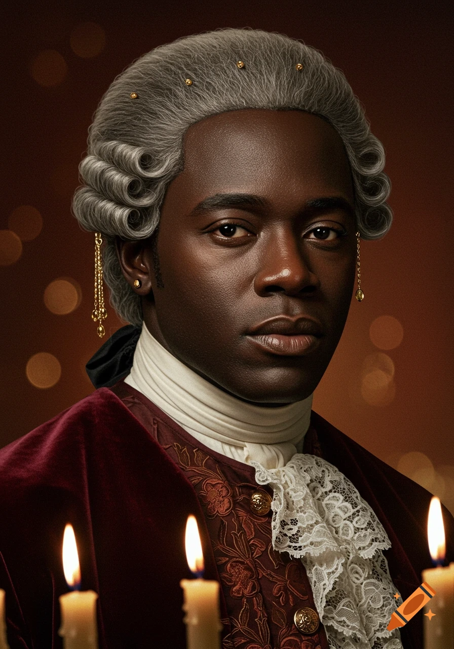 A photorealistic portrait of a dark-skinned man in 18th-century attire with a powdered wig, velvet coat, and lace cravat, set against a warm, candlelit background.