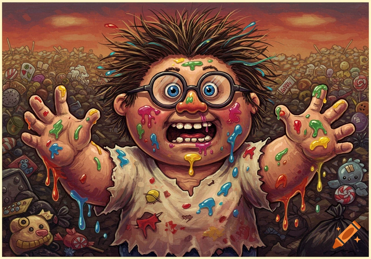 A grotesque cartoon child with messy hair and glasses, covered in colorful goo, stands in a pile of garbage.