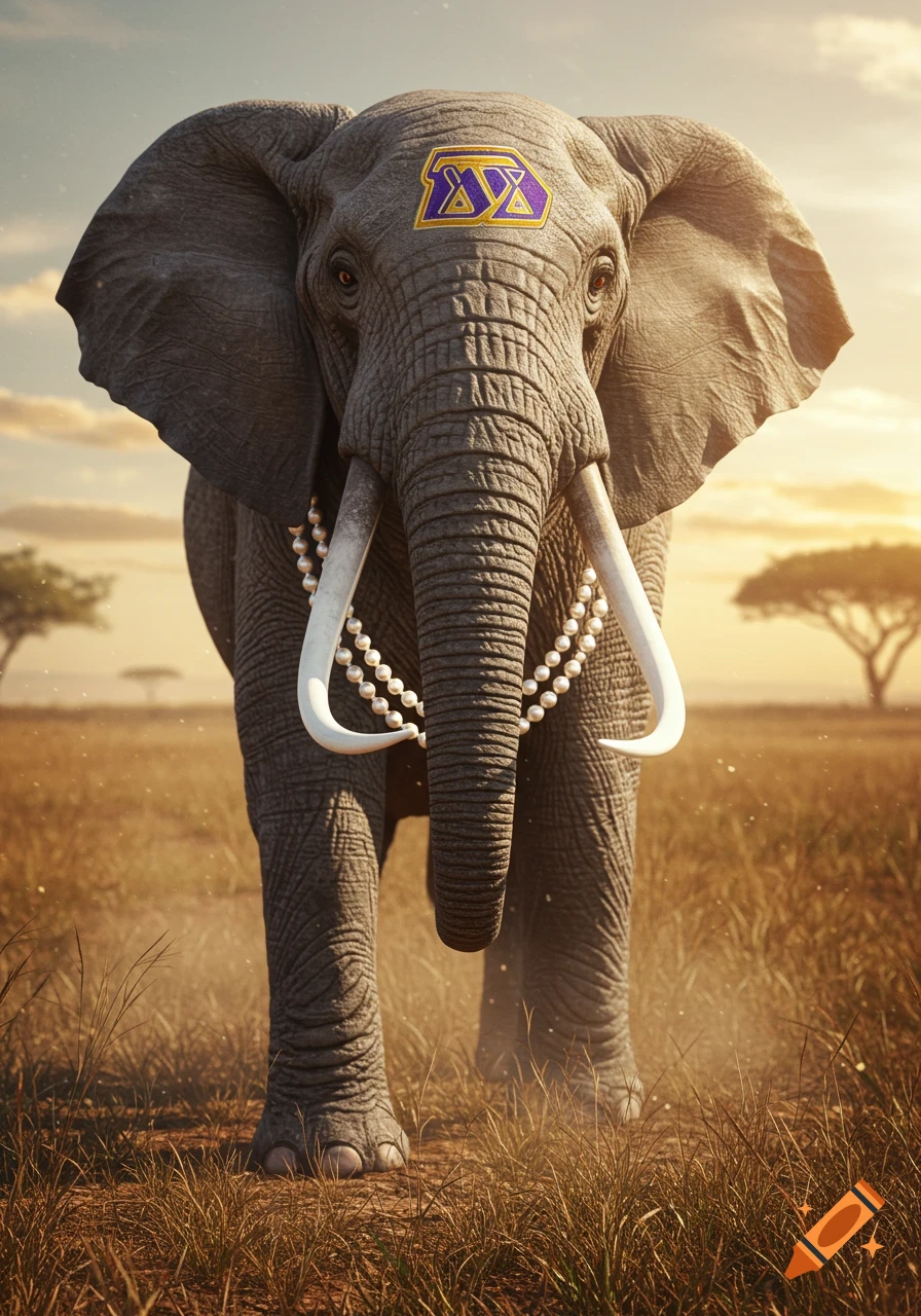 Photorealistic elephant in a field at sunset, adorned with a pearl necklace and a purple and gold emblem on its forehead.