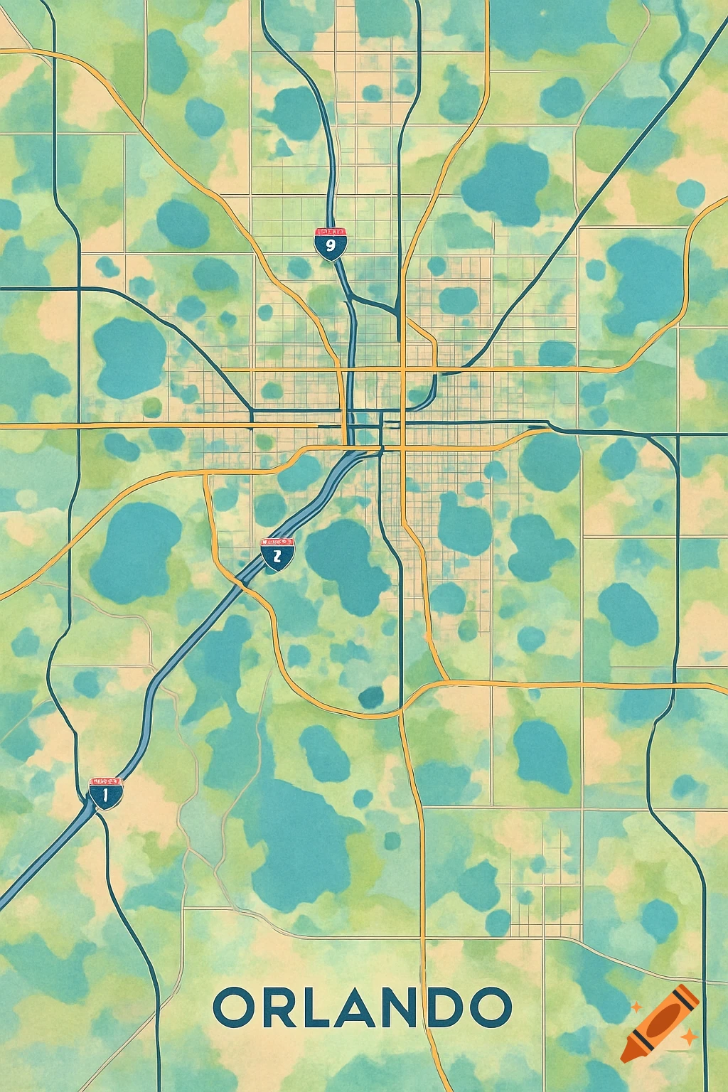 A stylized map of Orlando, Florida, showing roads, waterways, and a grid pattern in muted teal, green, and beige tones.