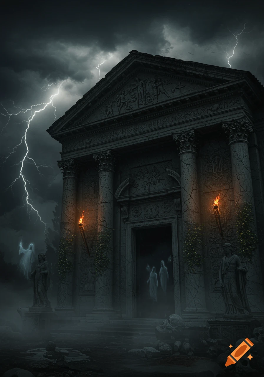 An ancient, crumbling Roman temple under a stormy, lightning-filled sky, with ghostly figures, skulls, and flickering torches.