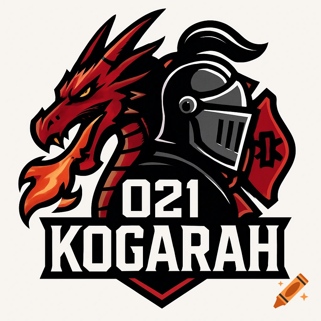 A tactical style vector logo featuring a fierce red dragon head breathing fire next to a black medieval knight helmet, with '021 KOGARAH' text below.
