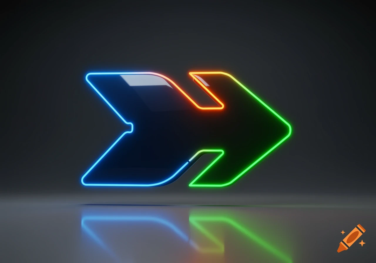 A glowing neon arrow in blue, orange, and green on a dark surface with reflections.
