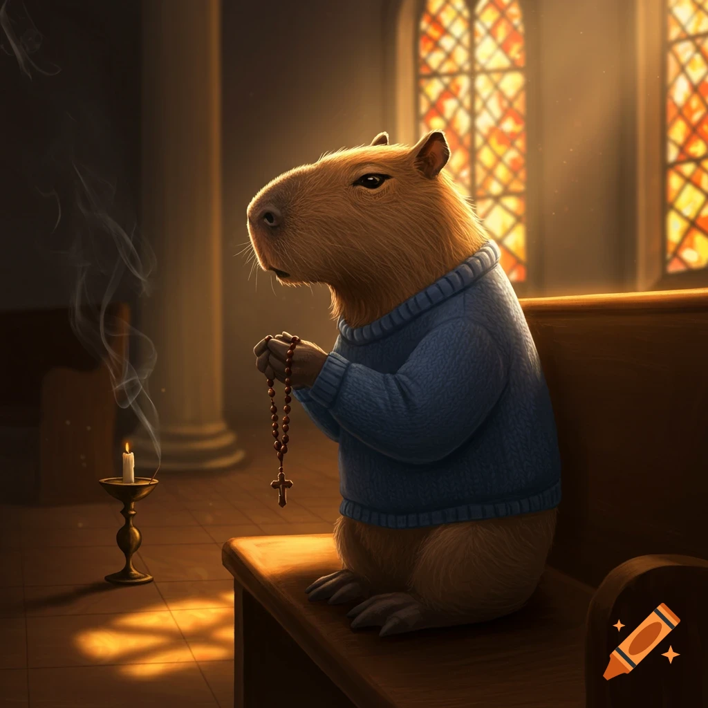 An anthropomorphic capybara in a blue sweater kneels on a church pew, holding a rosary, with stained glass windows in the background.