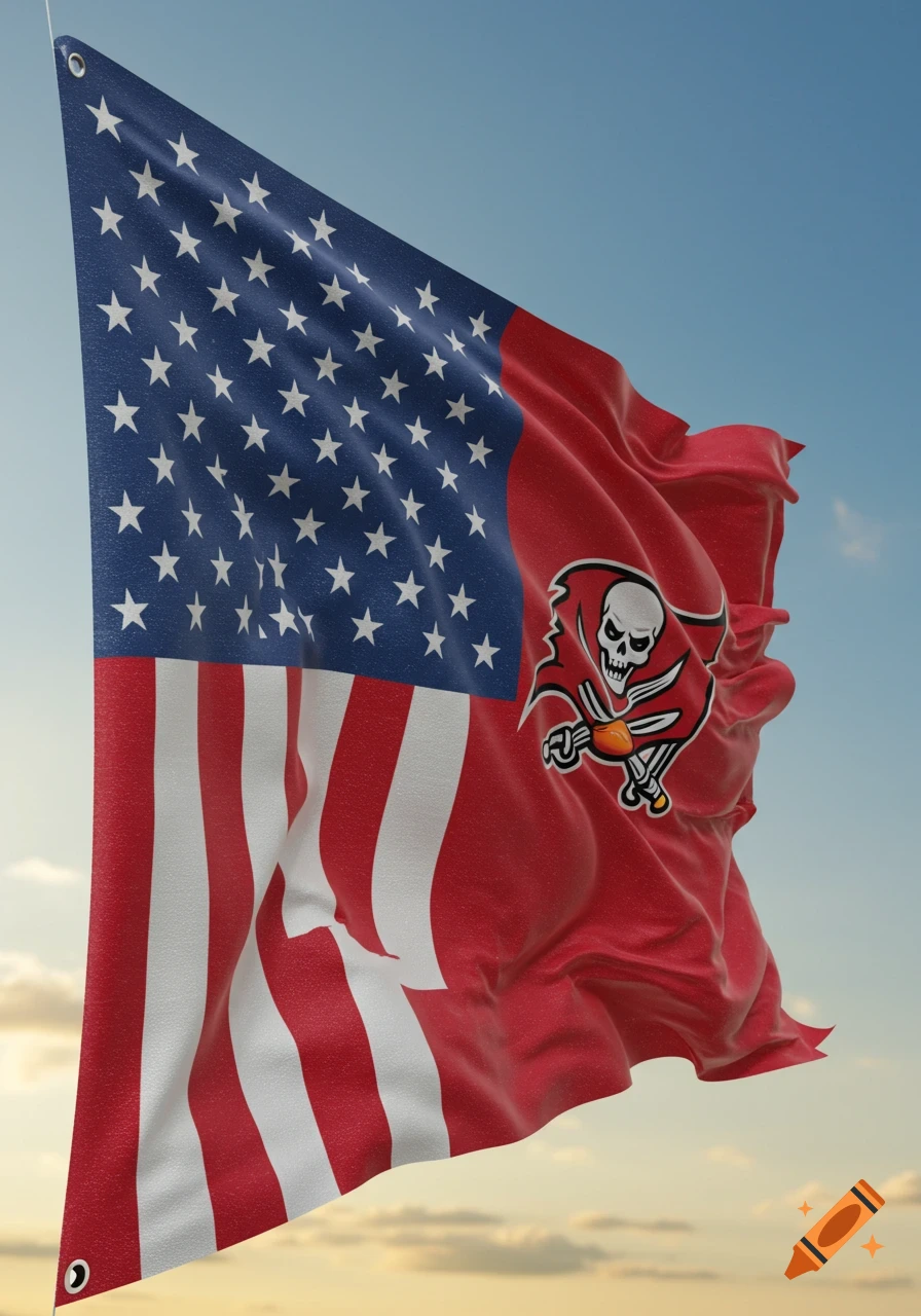 A waving flag, half American flag with stars and stripes, and half red with the Tampa Bay Buccaneers pirate skull logo.